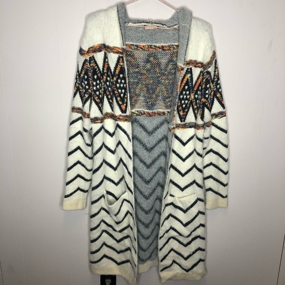 Chevron Boho Hooded Fuzzy Sweater Cardigan - Picture 1 of 7
